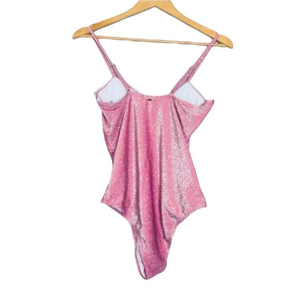 Betsey Johnson Barbie Pink Metallic Glitter Sweetheart Bow Keyhole Swimsuit - Picture 4 of 12